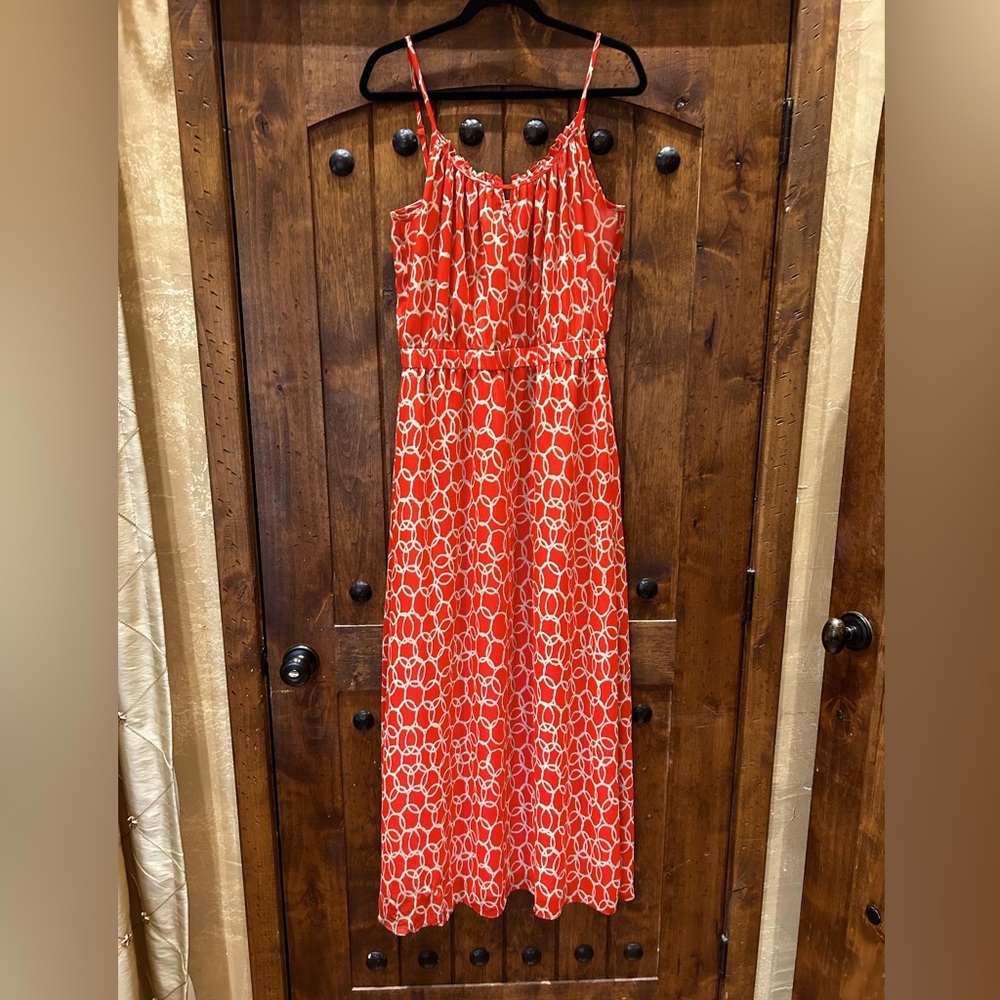 Banana Republic Coral Red and Beige Circle Print Long Sundress. Size 10